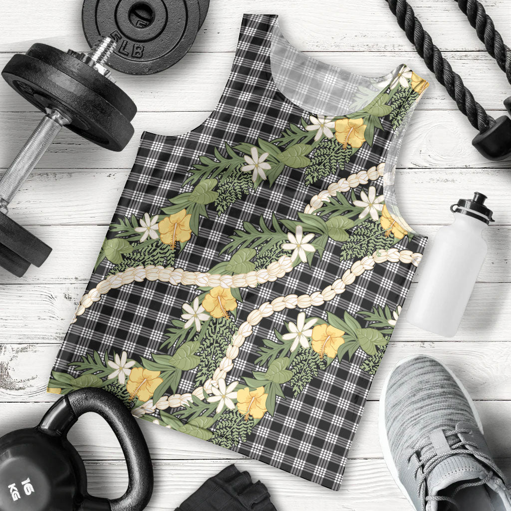 Aloha Puakenikeni Anthurium Pikake Lei Men Tank Top Black Hawaiian Palaka Pattern