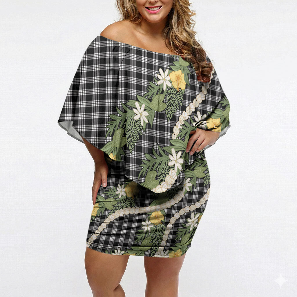 Aloha Puakenikeni Anthurium Pikake Lei Off Shoulder Short Dress Black Hawaiian Palaka Pattern LT9 Women Black - Polynesian Pride