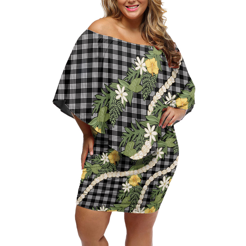 Aloha Puakenikeni Anthurium Pikake Lei Off Shoulder Short Dress Black Hawaiian Palaka Pattern