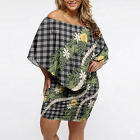 Aloha Puakenikeni Anthurium Pikake Lei Off Shoulder Short Dress Black Hawaiian Palaka Pattern LT9 Women Black - Polynesian Pride