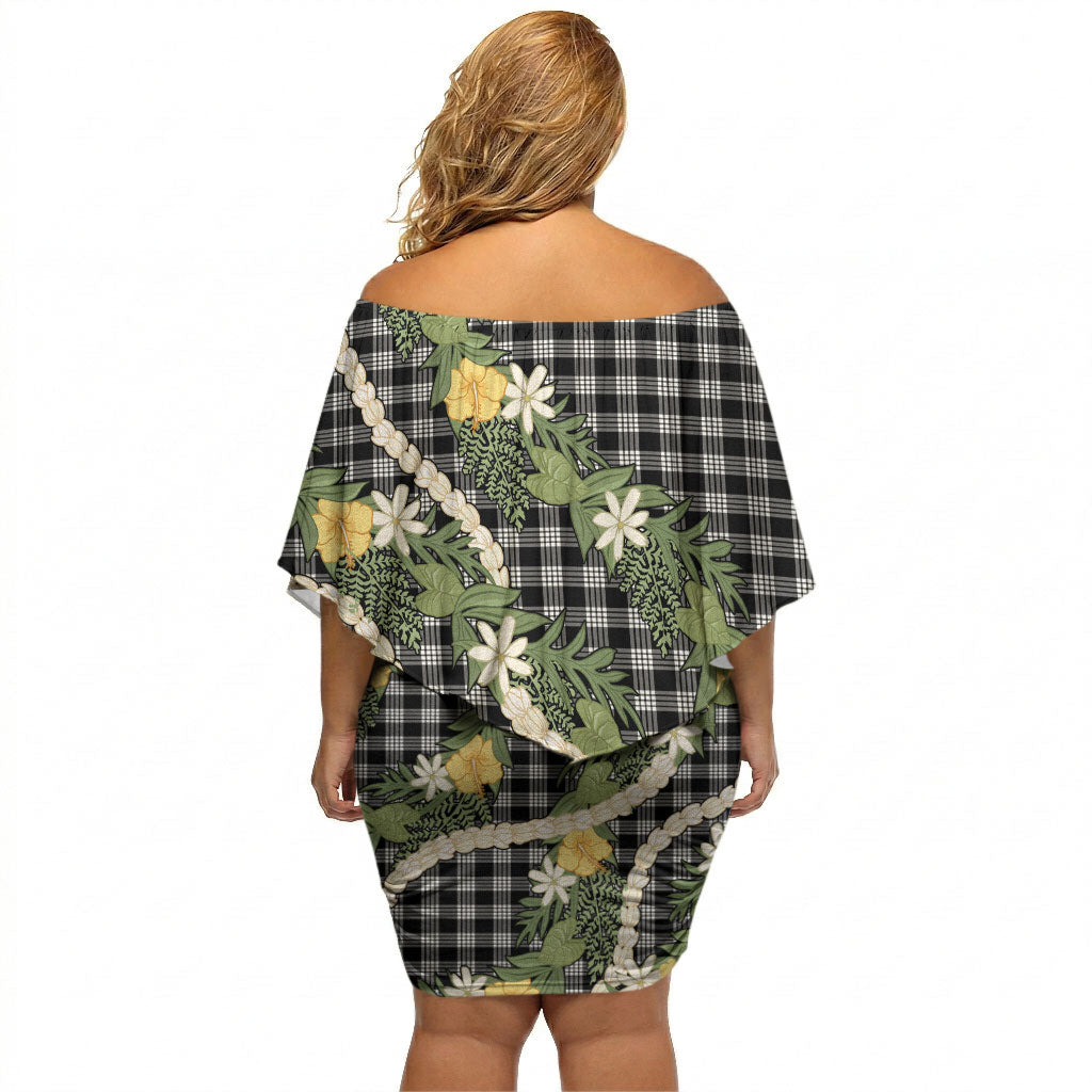 Aloha Puakenikeni Anthurium Pikake Lei Off Shoulder Short Dress Black Hawaiian Palaka Pattern LT9 - Polynesian Pride
