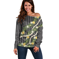 Aloha Puakenikeni Anthurium Pikake Lei Off Shoulder Sweater Black Hawaiian Palaka Pattern