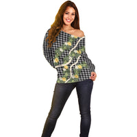 Aloha Puakenikeni Anthurium Pikake Lei Off Shoulder Sweater Black Hawaiian Palaka Pattern