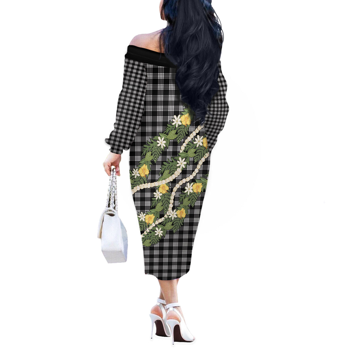 Aloha Puakenikeni Anthurium Pikake Lei Off The Shoulder Long Sleeve Dress Black Hawaiian Palaka Pattern
