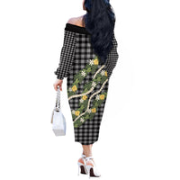 Aloha Puakenikeni Anthurium Pikake Lei Off The Shoulder Long Sleeve Dress Black Hawaiian Palaka Pattern