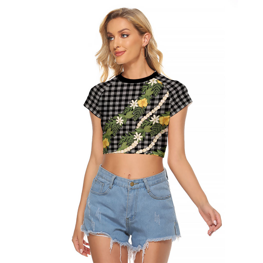 Aloha Puakenikeni Anthurium Pikake Lei Raglan Cropped T Shirt Black Hawaiian Palaka Pattern