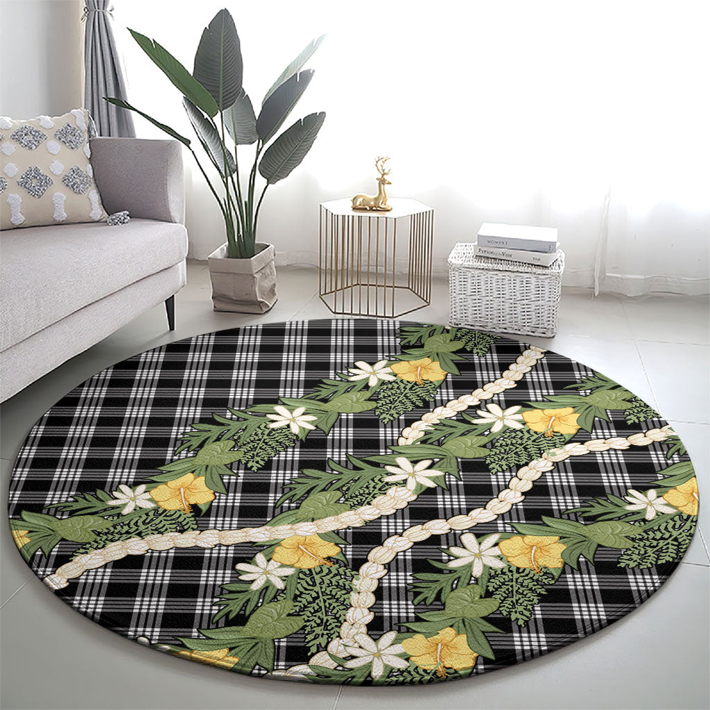 Aloha Puakenikeni Anthurium Pikake Lei Round Carpet Black Hawaiian Palaka Pattern