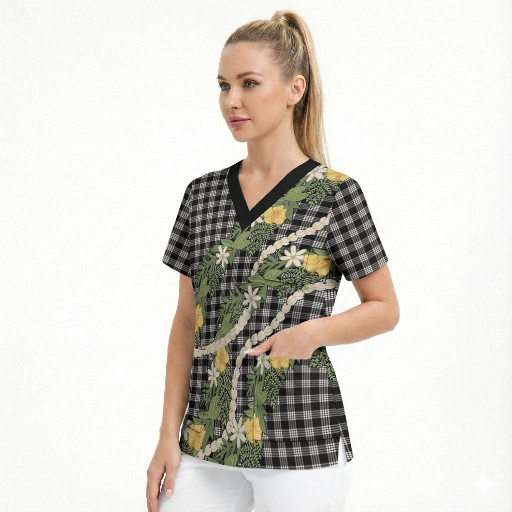 Aloha Puakenikeni Anthurium Pikake Lei Scrub Top Black Hawaiian Palaka Pattern