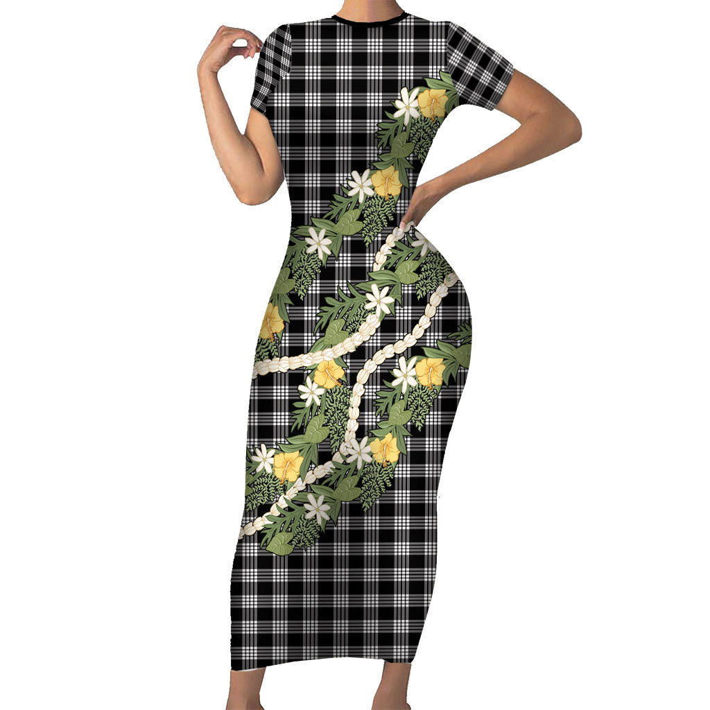 Aloha Puakenikeni Anthurium Pikake Lei Short Sleeve Bodycon Dress Black Hawaiian Palaka Pattern