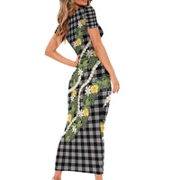Aloha Puakenikeni Anthurium Pikake Lei Short Sleeve Bodycon Dress Black Hawaiian Palaka Pattern