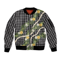 Aloha Puakenikeni Anthurium Pikake Lei Sleeve Zip Bomber Jacket Black Hawaiian Palaka Pattern