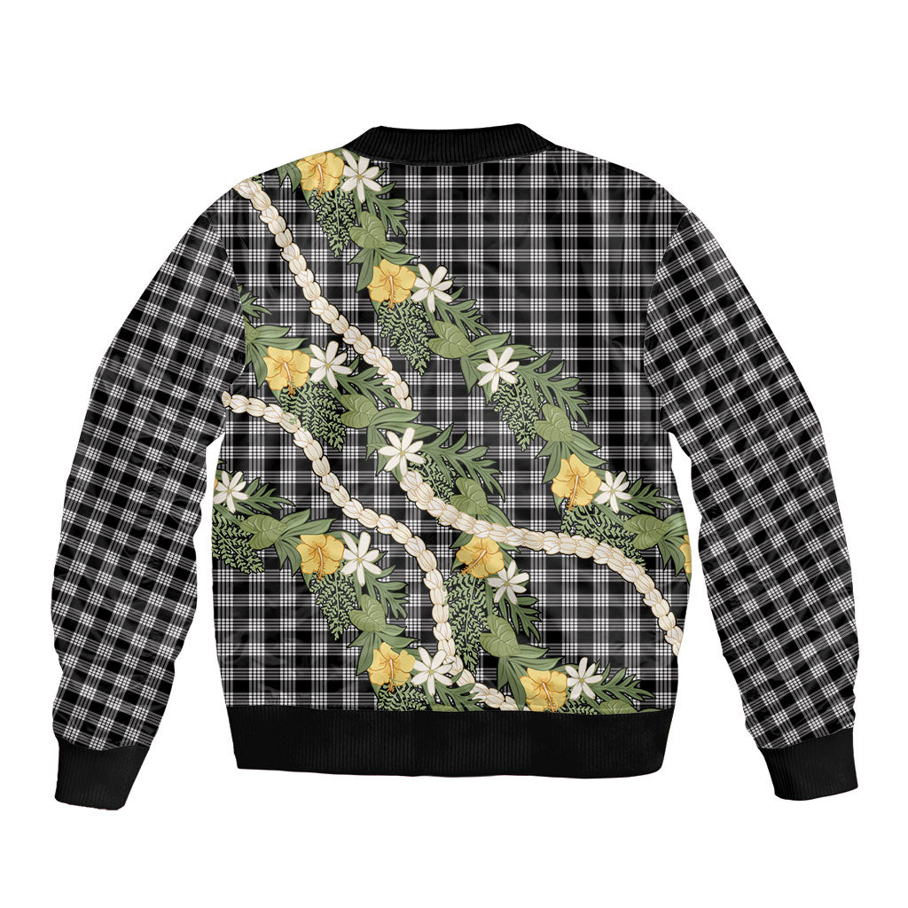 Aloha Puakenikeni Anthurium Pikake Lei Sleeve Zip Bomber Jacket Black Hawaiian Palaka Pattern