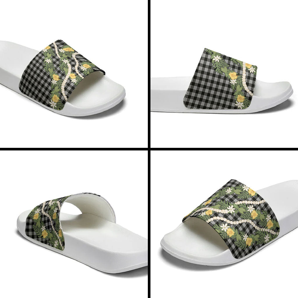 Aloha Puakenikeni Anthurium Pikake Lei Slide Sandals Black Hawaiian Palaka Pattern