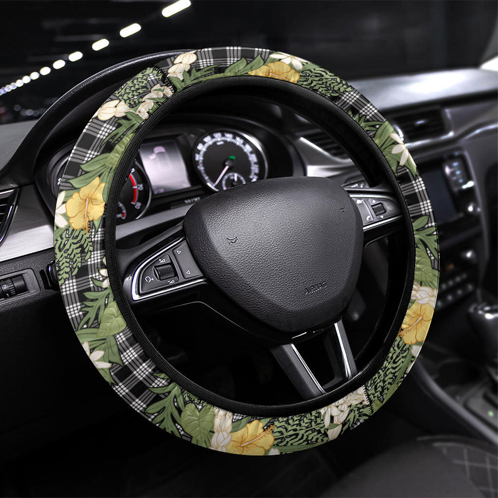 Aloha Puakenikeni Anthurium Pikake Lei Steering Wheel Cover Black Hawaiian Palaka Pattern