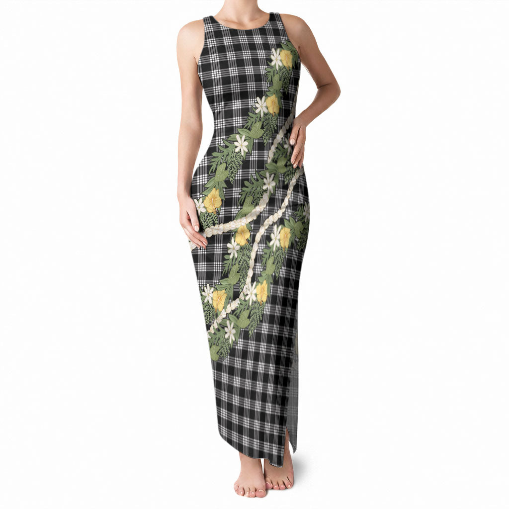 Aloha Puakenikeni Anthurium Pikake Lei Tank Maxi Dress Black Hawaiian Palaka Pattern LT9 Women Black - Polynesian Pride