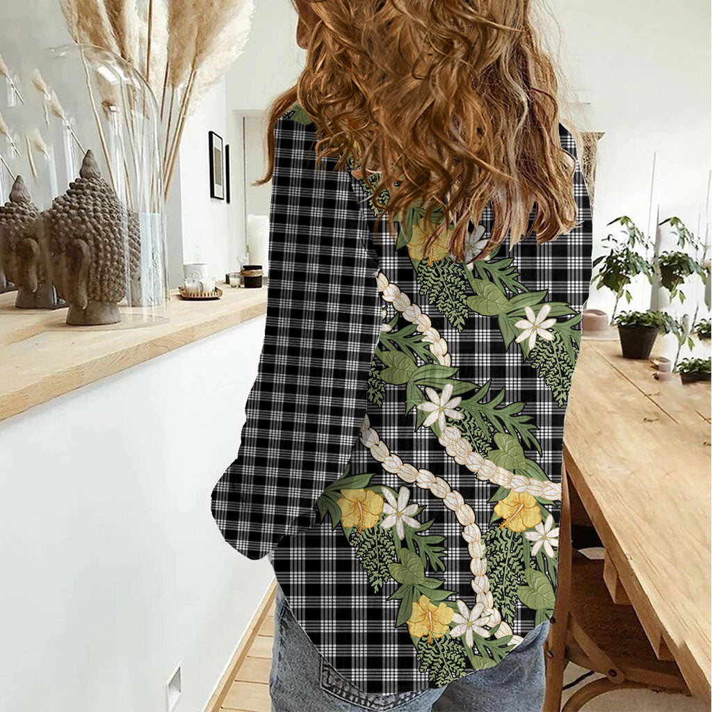 Aloha Puakenikeni Anthurium Pikake Lei Women Casual Shirt Black Hawaiian Palaka Pattern