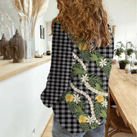 Aloha Puakenikeni Anthurium Pikake Lei Women Casual Shirt Black Hawaiian Palaka Pattern