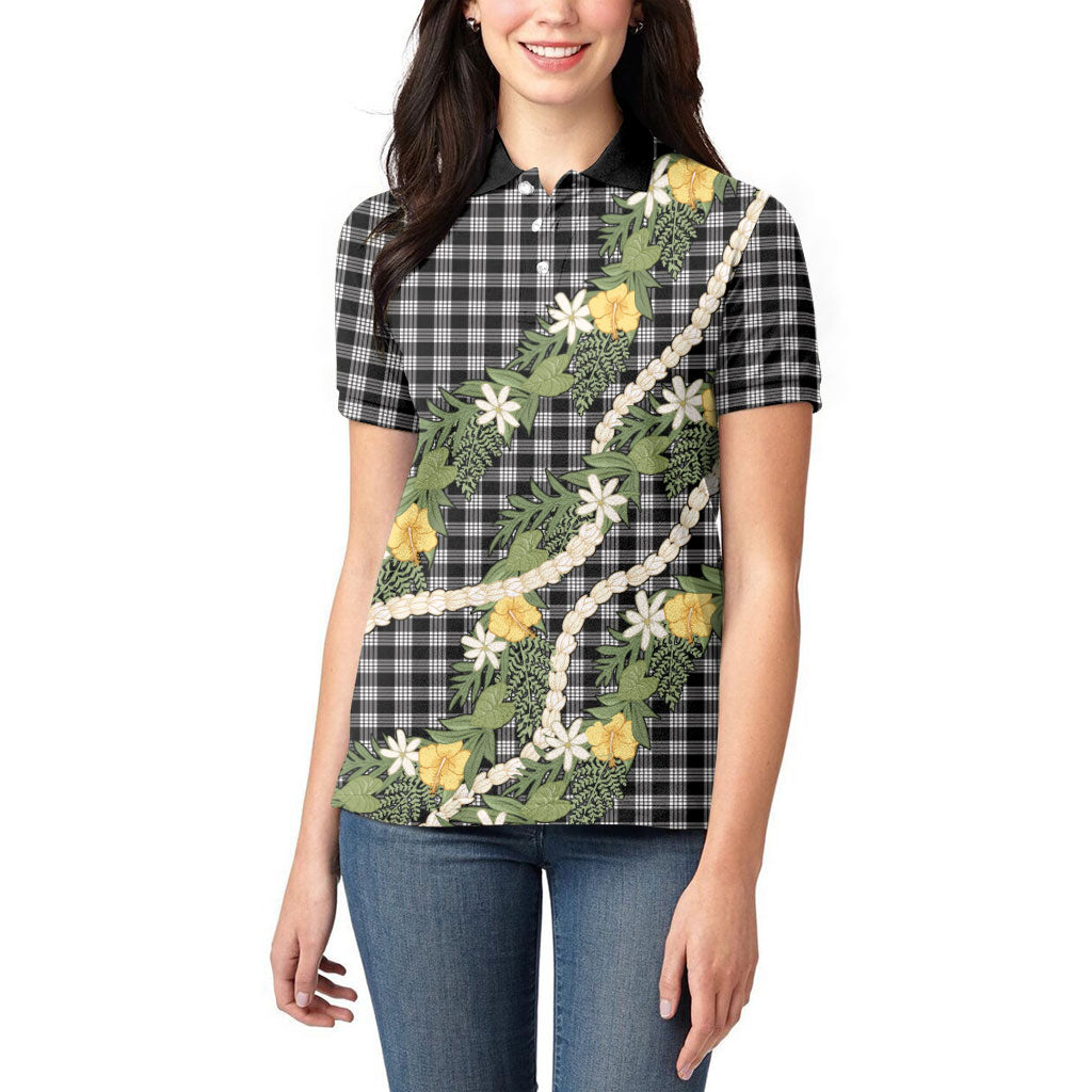 Aloha Puakenikeni Anthurium Pikake Lei Women Polo Shirt Black Hawaiian Palaka Pattern
