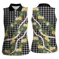 Aloha Puakenikeni Anthurium Pikake Lei Women Sleeveless Polo Shirt Black Hawaiian Palaka Pattern LT9 - Polynesian Pride