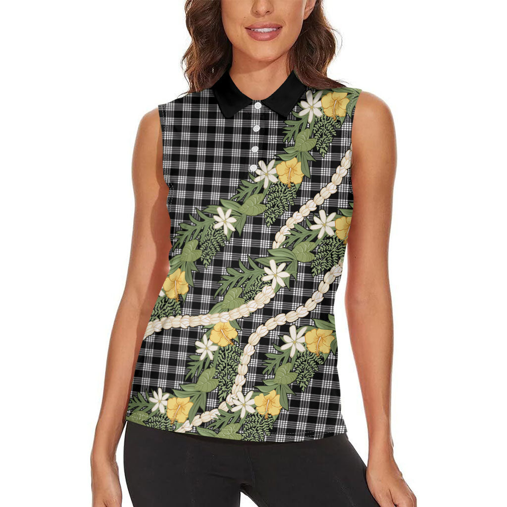 Aloha Puakenikeni Anthurium Pikake Lei Women Sleeveless Polo Shirt Black Hawaiian Palaka Pattern LT9 - Polynesian Pride