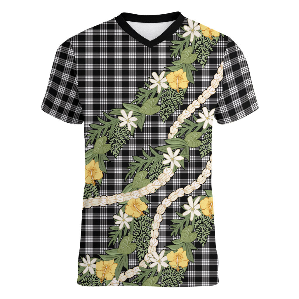 Aloha Puakenikeni Anthurium Pikake Lei Women V-Neck T-Shirt Black Hawaiian Palaka Pattern LT9 Female Black - Polynesian Pride