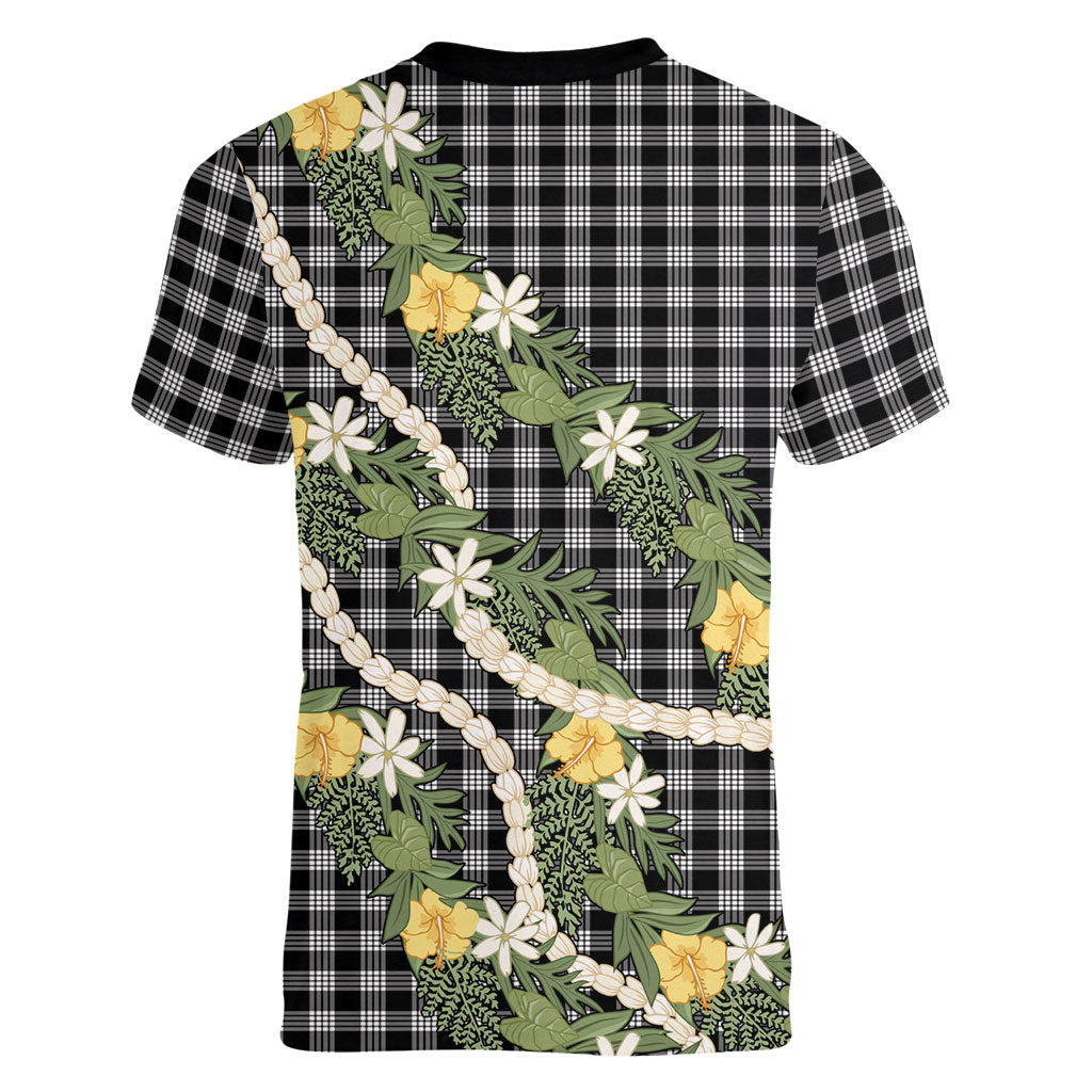 Aloha Puakenikeni Anthurium Pikake Lei Women V-Neck T-Shirt Black Hawaiian Palaka Pattern LT9 - Polynesian Pride