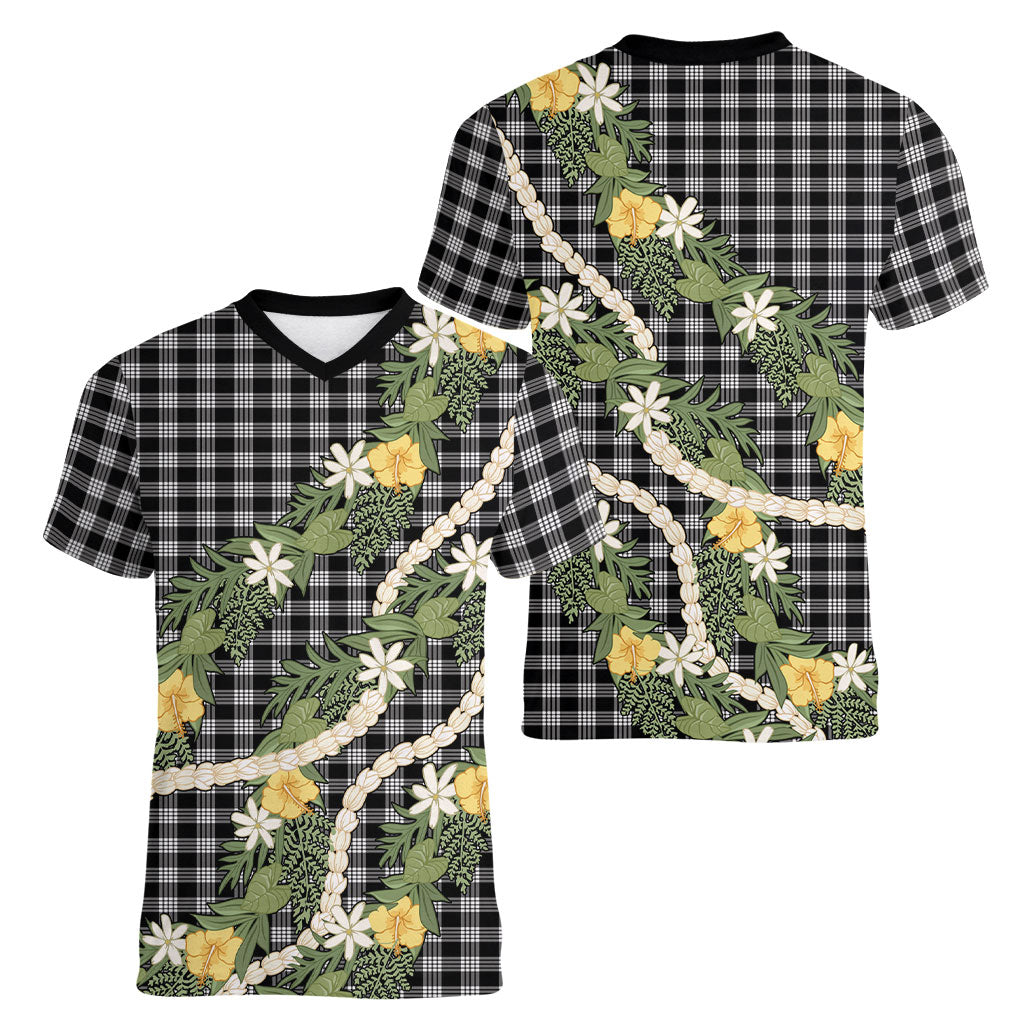Aloha Puakenikeni Anthurium Pikake Lei Women V-Neck T-Shirt Black Hawaiian Palaka Pattern LT9 - Polynesian Pride