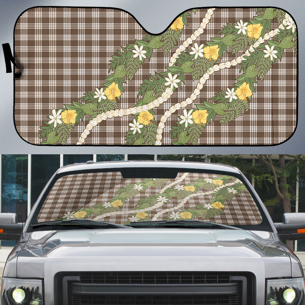 Aloha Puakenikeni Anthurium Pikake Lei Auto Sun Shade Chocolate Hawaiian Palaka Pattern