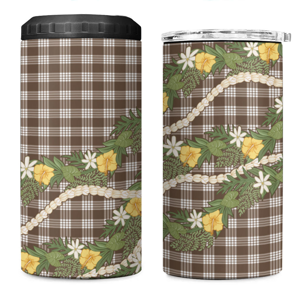 Aloha Puakenikeni Anthurium Pikake Lei 4 in 1 Can Cooler Tumbler Chocolate Hawaiian Palaka Pattern