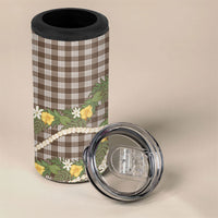 Aloha Puakenikeni Anthurium Pikake Lei 4 in 1 Can Cooler Tumbler Chocolate Hawaiian Palaka Pattern