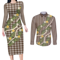 Aloha Puakenikeni Anthurium Pikake Lei Couples Matching Long Sleeve Bodycon Dress and Long Sleeve Button Shirt Chocolate Hawaiian Palaka Pattern LT9 Chocolate - Polynesian Pride