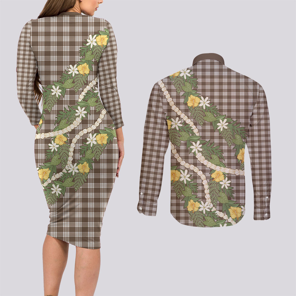 Aloha Puakenikeni Anthurium Pikake Lei Couples Matching Long Sleeve Bodycon Dress and Long Sleeve Button Shirt Chocolate Hawaiian Palaka Pattern LT9 - Polynesian Pride
