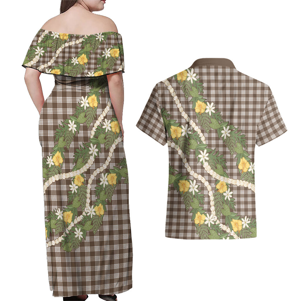 Aloha Puakenikeni Anthurium Pikake Lei Couples Matching Off Shoulder Maxi Dress and Hawaiian Shirt Chocolate Hawaiian Palaka Pattern LT9 - Polynesian Pride