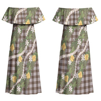 Aloha Puakenikeni Anthurium Pikake Lei Couples Matching Off Shoulder Maxi Dress and Hawaiian Shirt Chocolate Hawaiian Palaka Pattern LT9 - Polynesian Pride