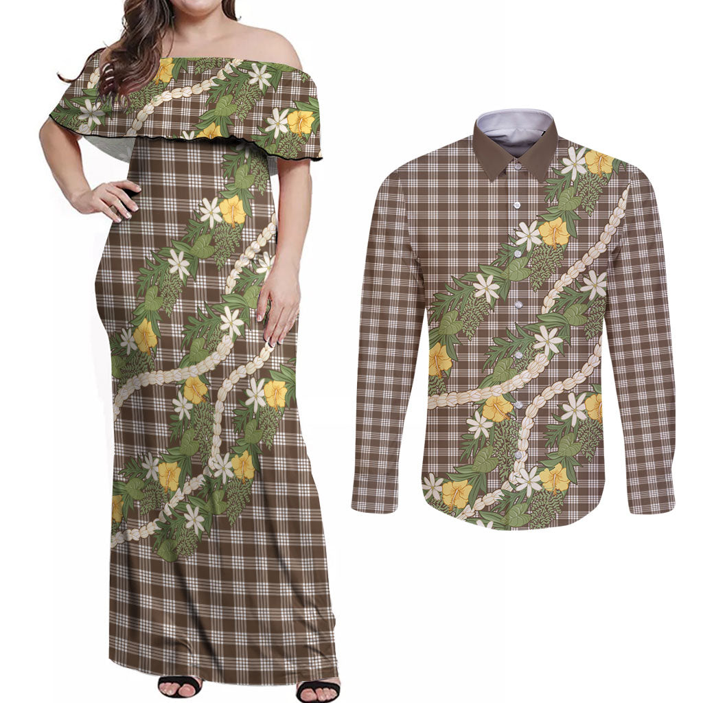 Aloha Puakenikeni Anthurium Pikake Lei Couples Matching Off Shoulder Maxi Dress and Long Sleeve Button Shirt Chocolate Hawaiian Palaka Pattern LT9 Chocolate - Polynesian Pride