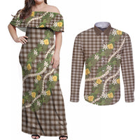 Aloha Puakenikeni Anthurium Pikake Lei Couples Matching Off Shoulder Maxi Dress and Long Sleeve Button Shirt Chocolate Hawaiian Palaka Pattern LT9 Chocolate - Polynesian Pride