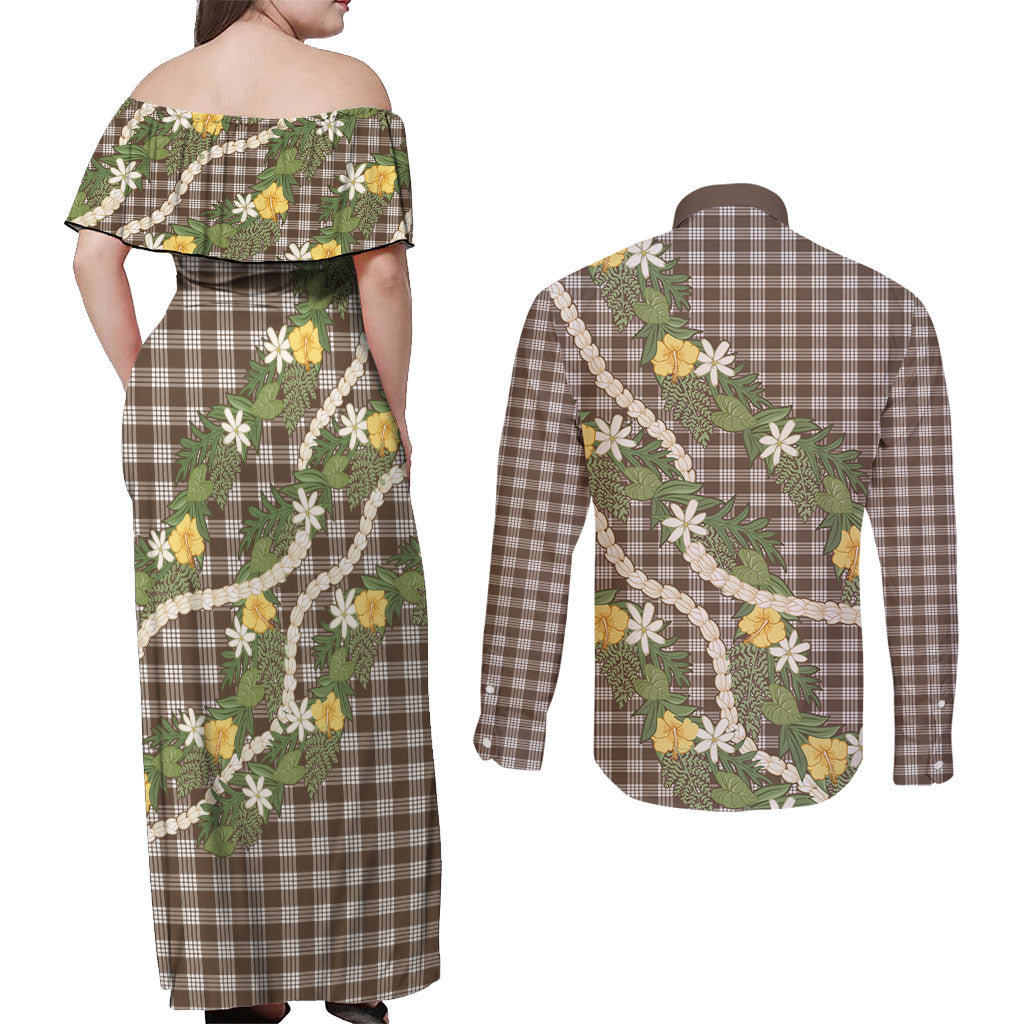 Aloha Puakenikeni Anthurium Pikake Lei Couples Matching Off Shoulder Maxi Dress and Long Sleeve Button Shirt Chocolate Hawaiian Palaka Pattern LT9 - Polynesian Pride