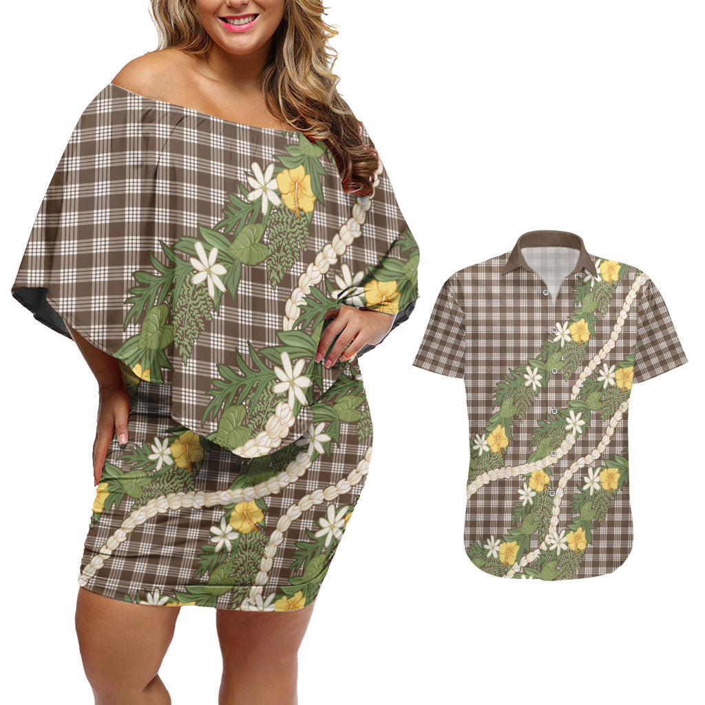 Aloha Puakenikeni Anthurium Pikake Lei Couples Matching Off Shoulder Short Dress and Hawaiian Shirt Chocolate Hawaiian Palaka Pattern