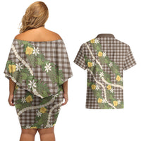 Aloha Puakenikeni Anthurium Pikake Lei Couples Matching Off Shoulder Short Dress and Hawaiian Shirt Chocolate Hawaiian Palaka Pattern LT9 - Polynesian Pride