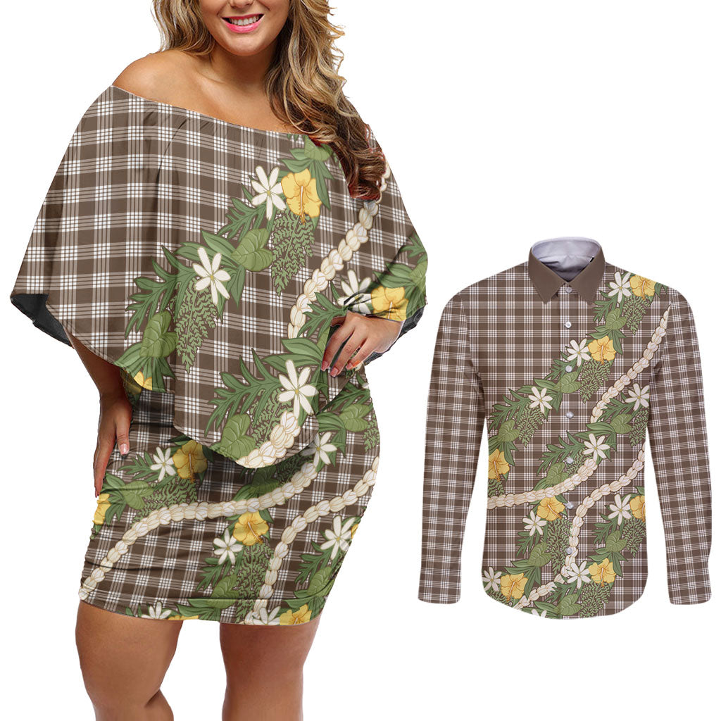 Aloha Puakenikeni Anthurium Pikake Lei Couples Matching Off Shoulder Short Dress and Long Sleeve Button Shirt Chocolate Hawaiian Palaka Pattern LT9 Chocolate - Polynesian Pride
