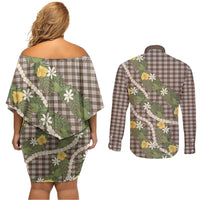 Aloha Puakenikeni Anthurium Pikake Lei Couples Matching Off Shoulder Short Dress and Long Sleeve Button Shirt Chocolate Hawaiian Palaka Pattern LT9 - Polynesian Pride