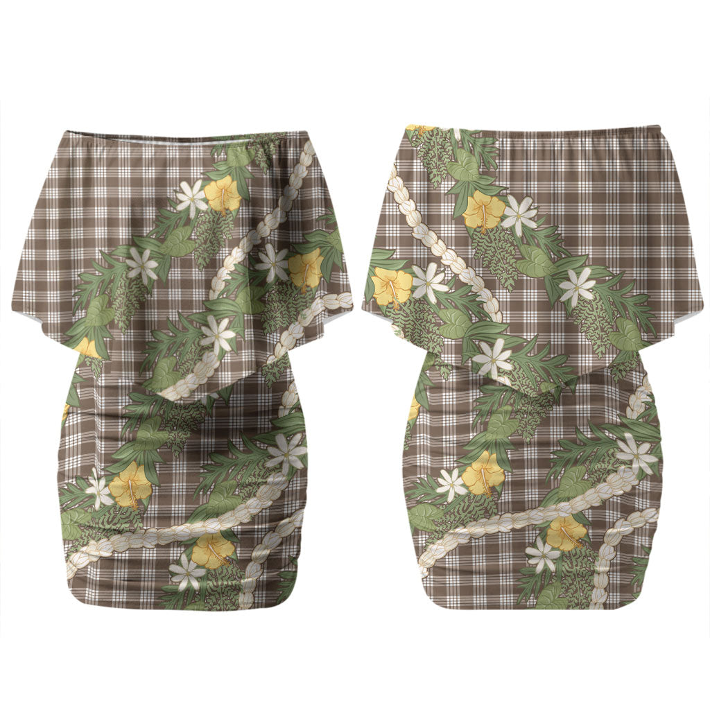 Aloha Puakenikeni Anthurium Pikake Lei Couples Matching Off Shoulder Short Dress and Long Sleeve Button Shirt Chocolate Hawaiian Palaka Pattern LT9 - Polynesian Pride