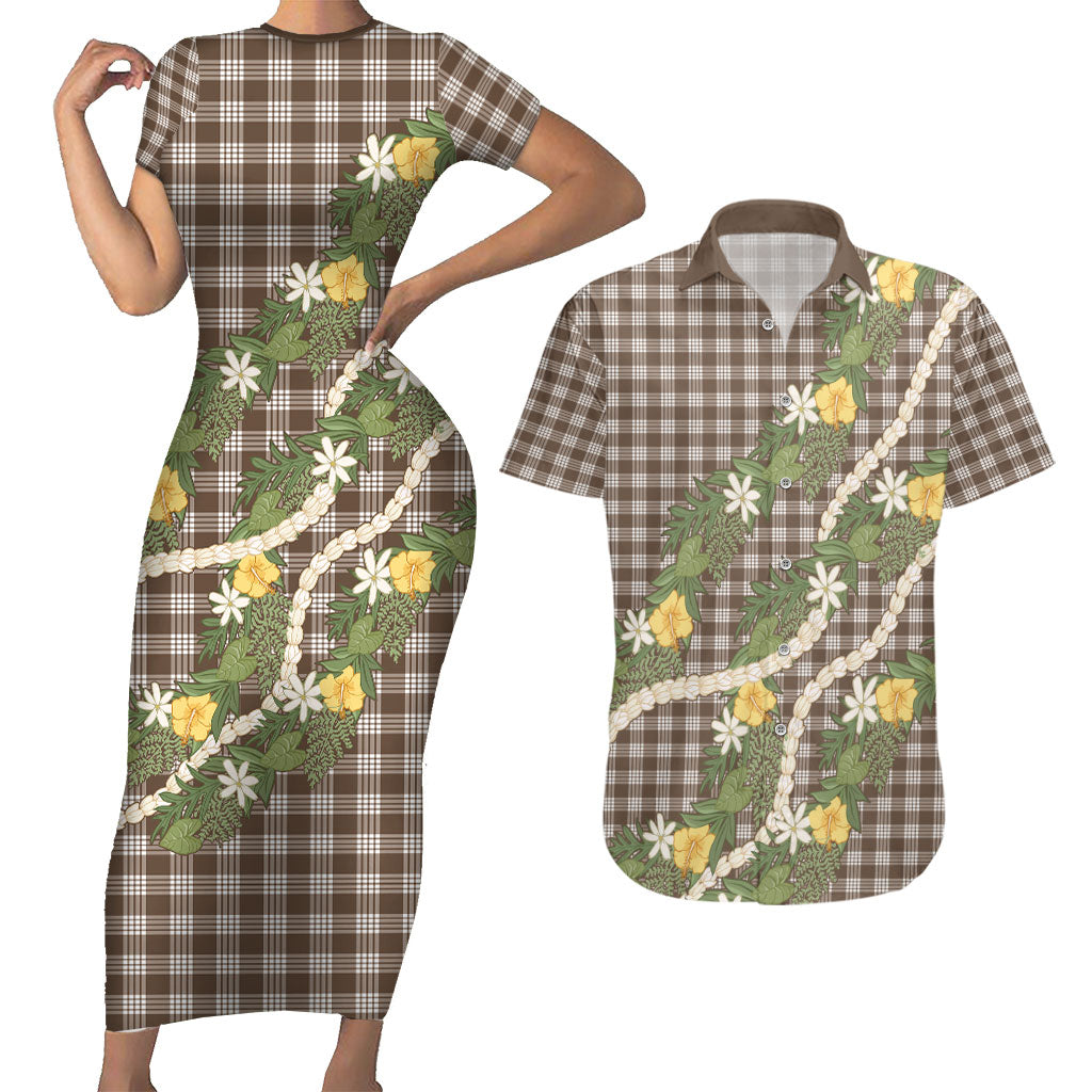 Aloha Puakenikeni Anthurium Pikake Lei Couples Matching Short Sleeve Bodycon Dress and Hawaiian Shirt Chocolate Hawaiian Palaka Pattern LT9 Chocolate - Polynesian Pride