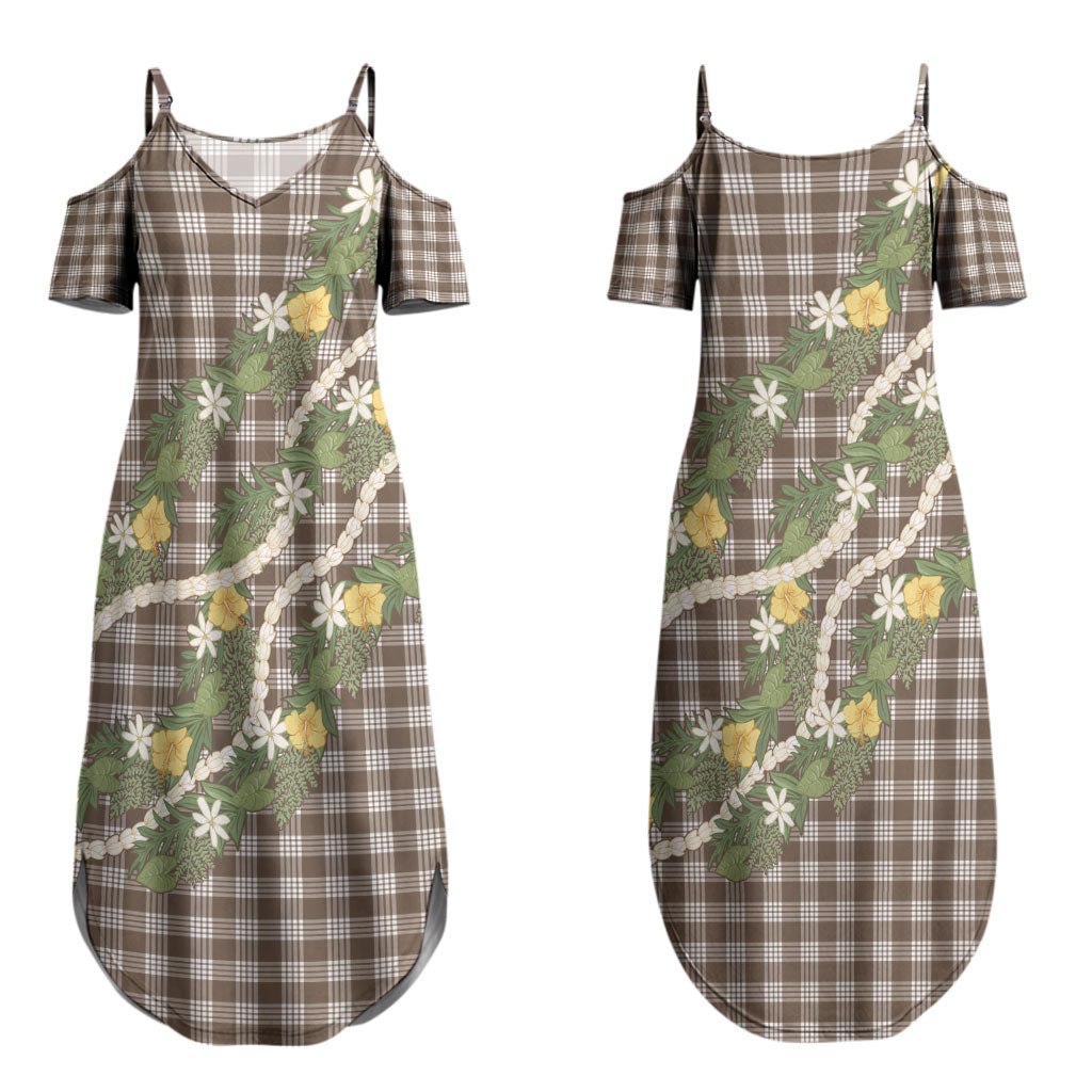 Aloha Puakenikeni Anthurium Pikake Lei Couples Matching Summer Maxi Dress and Hawaiian Shirt Chocolate Hawaiian Palaka Pattern LT9 - Polynesian Pride