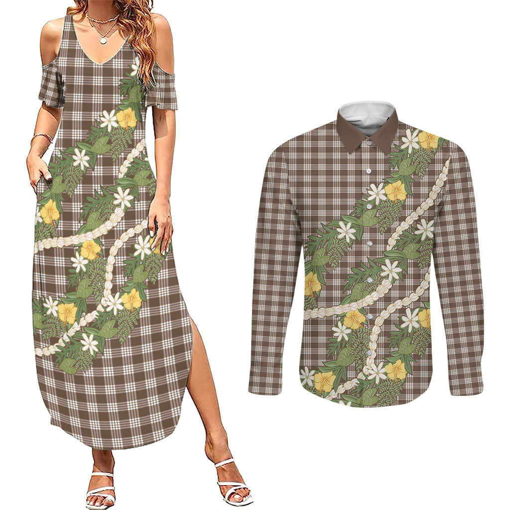 Aloha Puakenikeni Anthurium Pikake Lei Couples Matching Summer Maxi Dress and Long Sleeve Button Shirt Chocolate Hawaiian Palaka Pattern LT9 Chocolate - Polynesian Pride