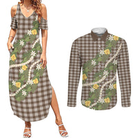 Aloha Puakenikeni Anthurium Pikake Lei Couples Matching Summer Maxi Dress and Long Sleeve Button Shirt Chocolate Hawaiian Palaka Pattern LT9 Chocolate - Polynesian Pride
