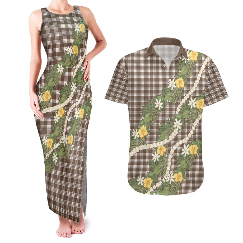 Aloha Puakenikeni Anthurium Pikake Lei Couples Matching Tank Maxi Dress and Hawaiian Shirt Chocolate Hawaiian Palaka Pattern LT9 Chocolate - Polynesian Pride