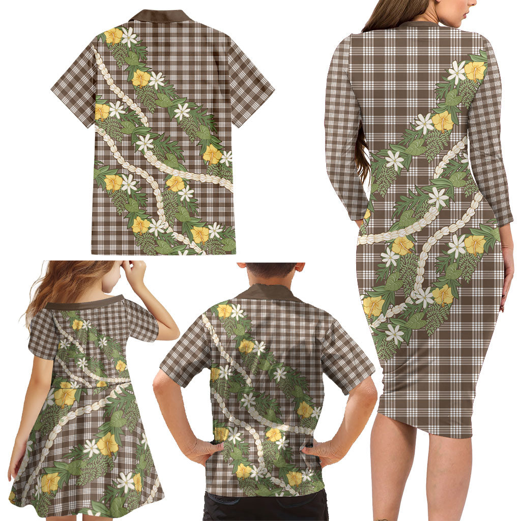 Aloha Puakenikeni Anthurium Pikake Lei Family Matching Long Sleeve Bodycon Dress and Hawaiian Shirt Chocolate Hawaiian Palaka Pattern LT9 - Polynesian Pride