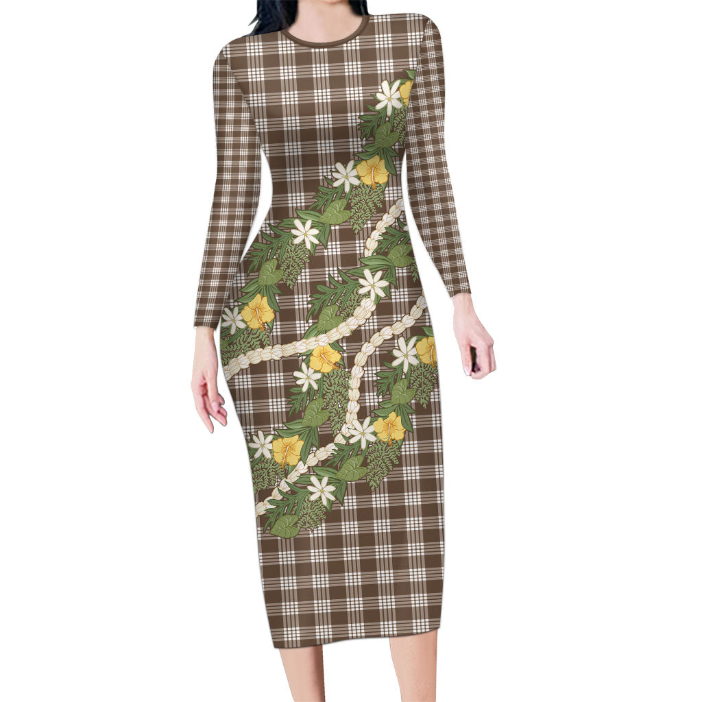 Aloha Puakenikeni Anthurium Pikake Lei Family Matching Long Sleeve Bodycon Dress and Hawaiian Shirt Chocolate Hawaiian Palaka Pattern LT9 Mom's Dress Chocolate - Polynesian Pride