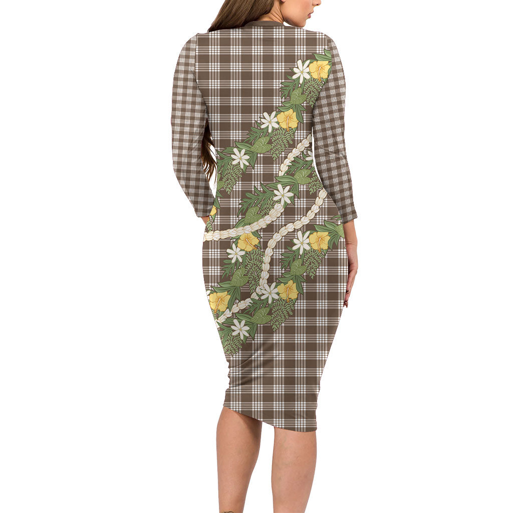 Aloha Puakenikeni Anthurium Pikake Lei Family Matching Long Sleeve Bodycon Dress and Hawaiian Shirt Chocolate Hawaiian Palaka Pattern LT9 - Polynesian Pride